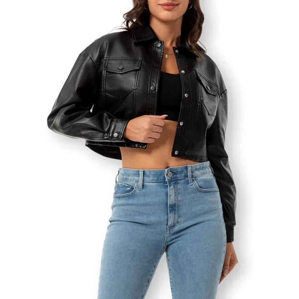 Women Faux Leather Cropped Jacket Trendy Moto Biker Short Jacket PU Jacket Black